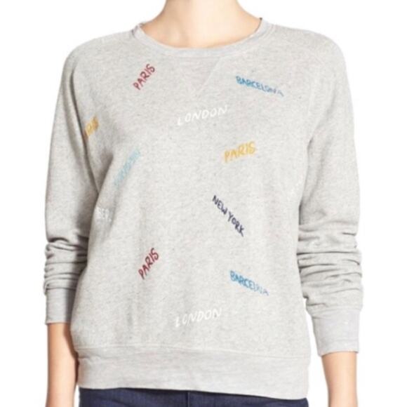 Madewell Throwback Embroidered Cities Sweatshirt Cropped Gray Crewneck Pullover - Picture 1 of 12